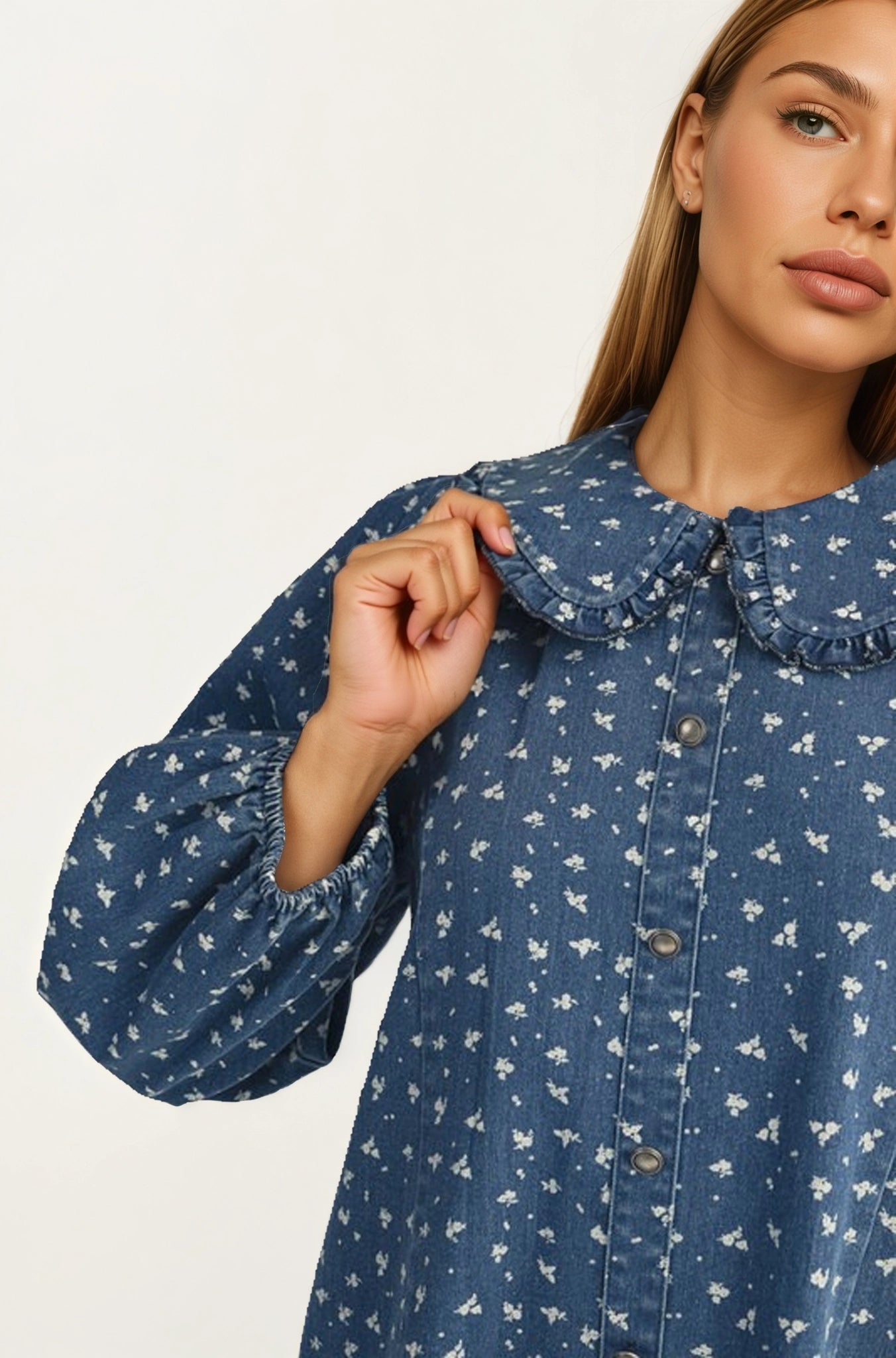 Button Front Mini Dress with Puff Sleeves and Ruffle Collar