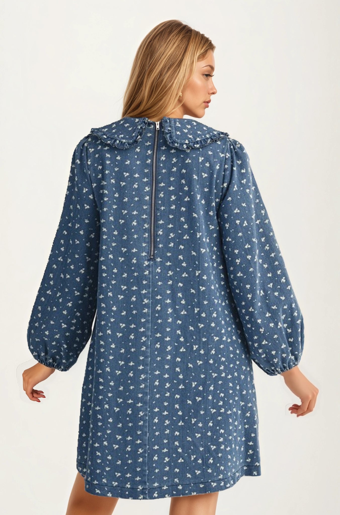 Button Front Mini Dress with Puff Sleeves and Ruffle Collar