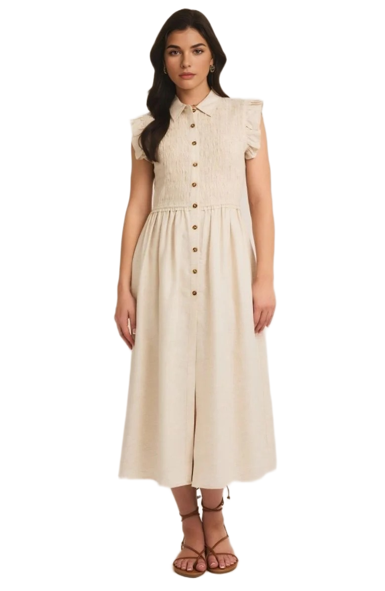Button-Front Midi Dress with Smocked Bodice and Ruffle Sleeves