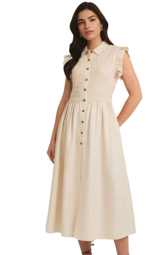 Button-Front Midi Dress with Smocked Bodice and Ruffle Sleeves