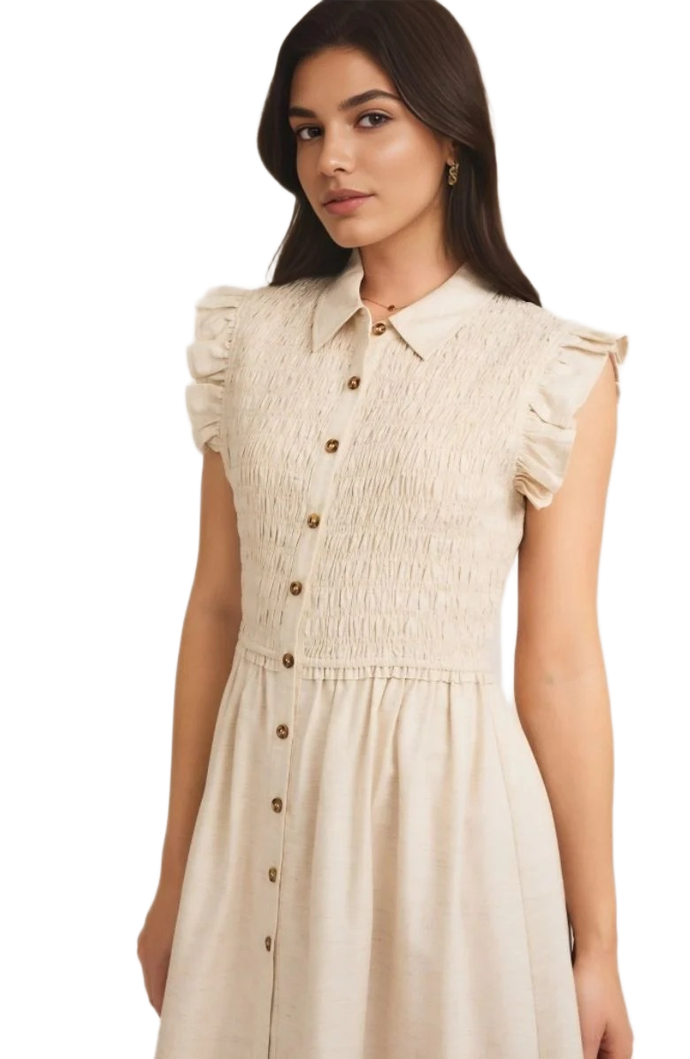 Button-Front Midi Dress with Smocked Bodice and Ruffle Sleeves