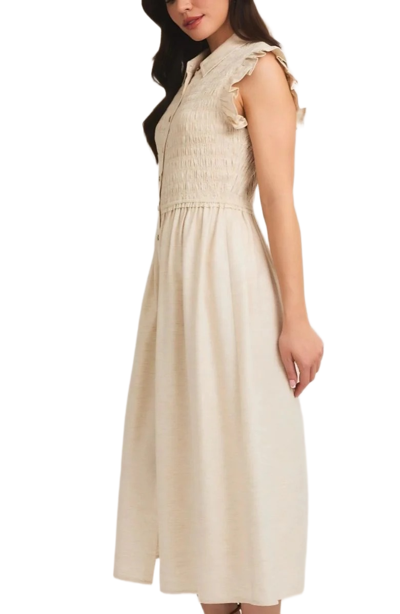 Button-Front Midi Dress with Smocked Bodice and Ruffle Sleeves