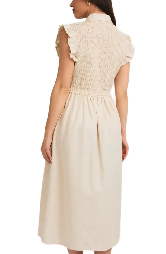Button-Front Midi Dress with Smocked Bodice and Ruffle Sleeves