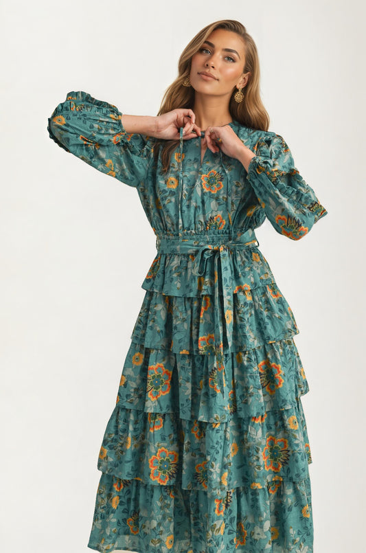 Tiered Ruffle Midi Dress with Belted Waist