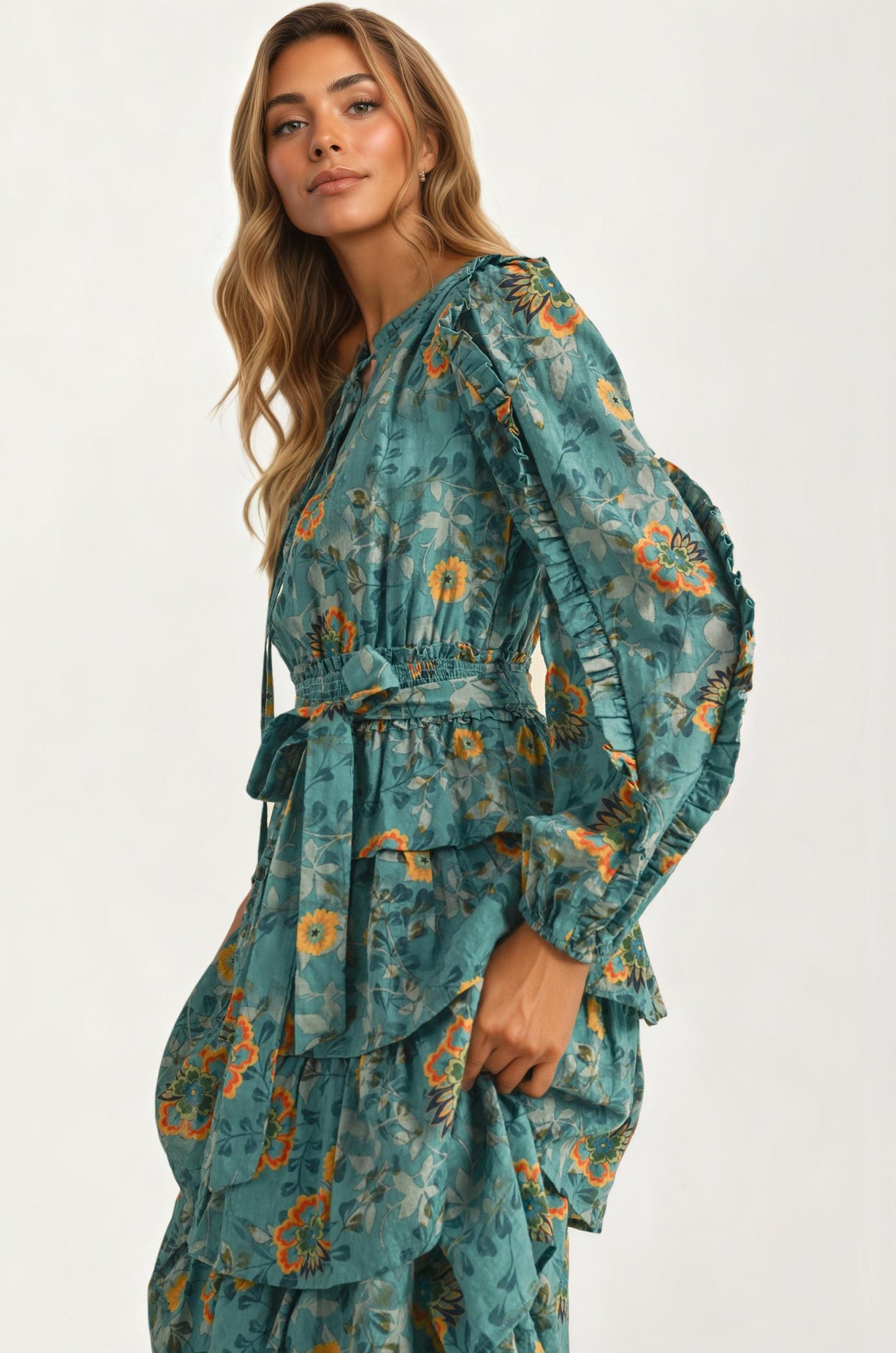 Tiered Ruffle Midi Dress with Belted Waist