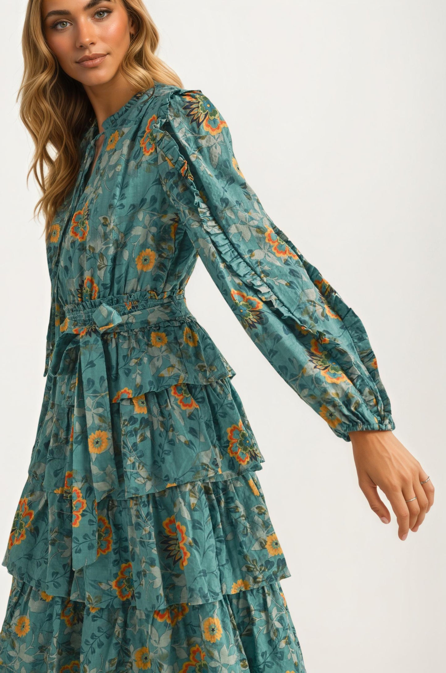 Tiered Ruffle Midi Dress with Belted Waist