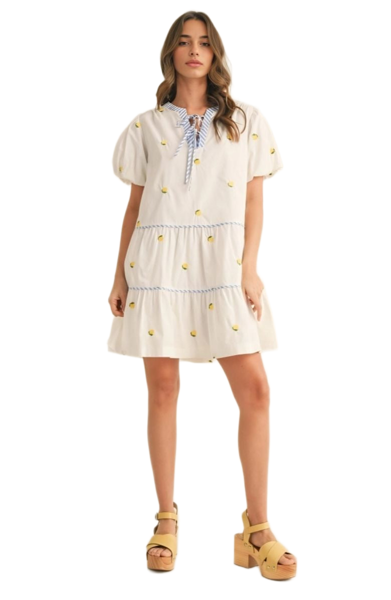 Lemon Embroidered Mini Dress Puff Sleeves Blue Tie Neck Tiered Silhouette