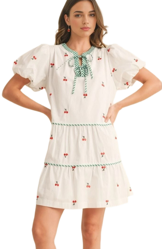 Cherry Embroidered Mini Dress Puff Sleeves Striped Tie Neck Tiered Silhouette