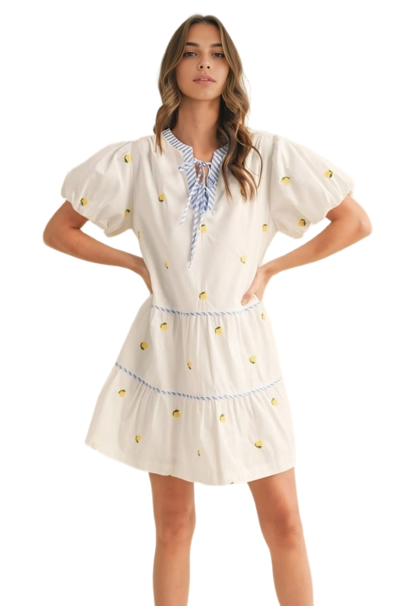 Lemon Embroidered Mini Dress Puff Sleeves Blue Tie Neck Tiered Silhouette