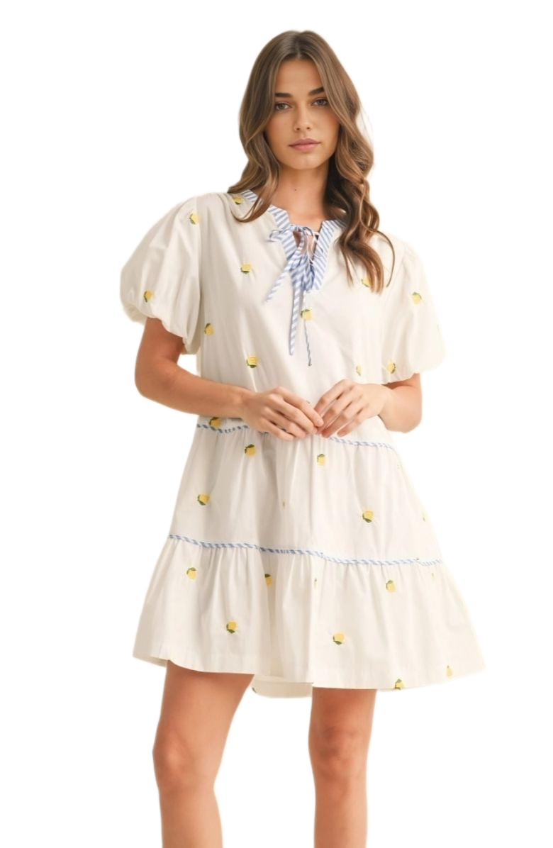 Lemon Embroidered Mini Dress Puff Sleeves Blue Tie Neck Tiered Silhouette