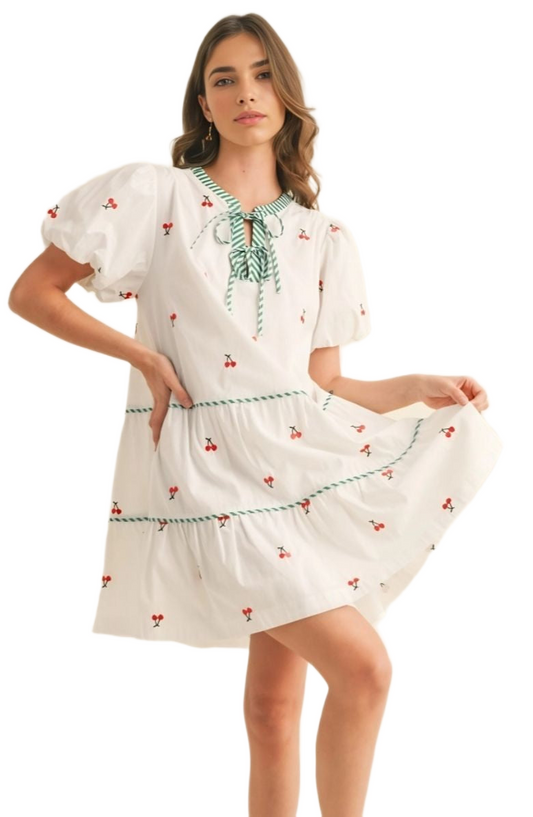 Cherry Embroidered Mini Dress Puff Sleeves Striped Tie Neck Tiered Silhouette