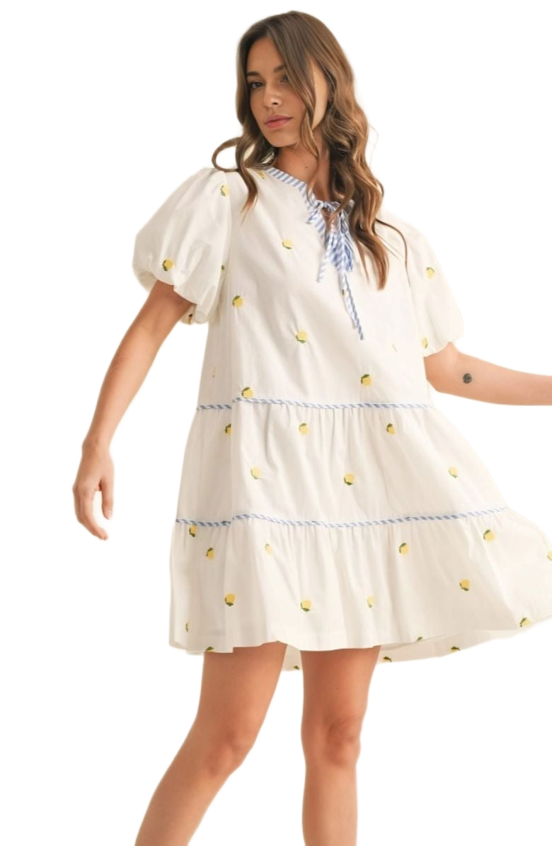 Lemon Embroidered Mini Dress Puff Sleeves Blue Tie Neck Tiered Silhouette