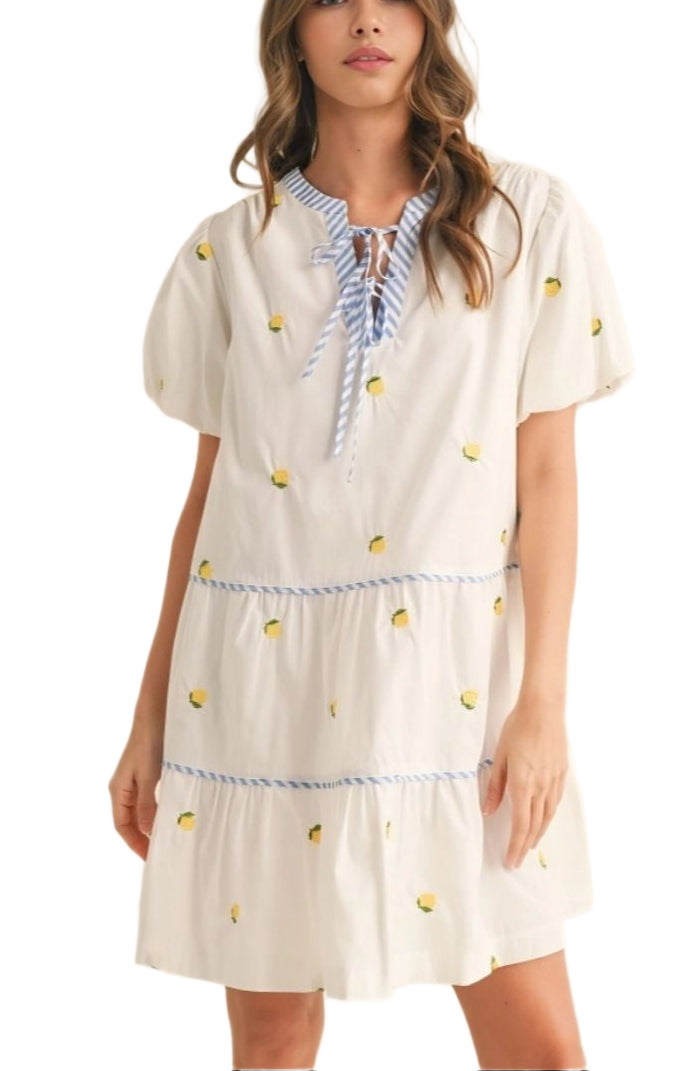 Lemon Embroidered Mini Dress Puff Sleeves Blue Tie Neck Tiered Silhouette