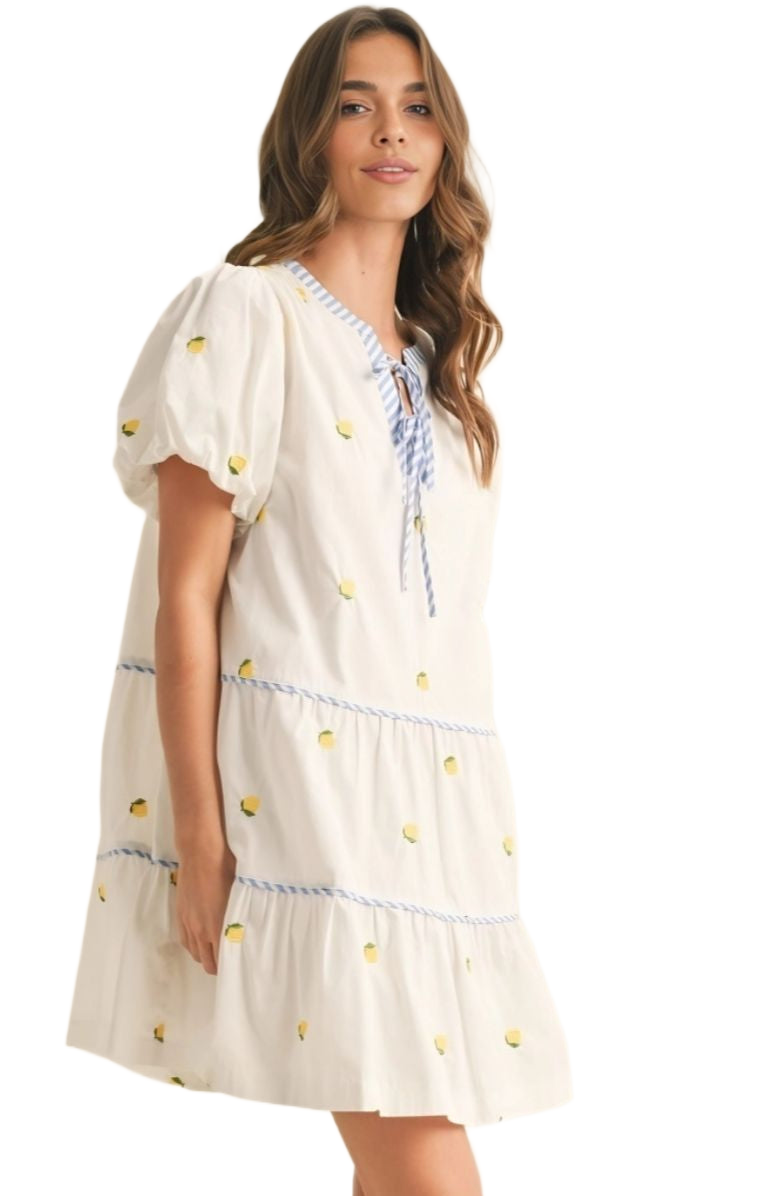 Lemon Embroidered Mini Dress Puff Sleeves Blue Tie Neck Tiered Silhouette