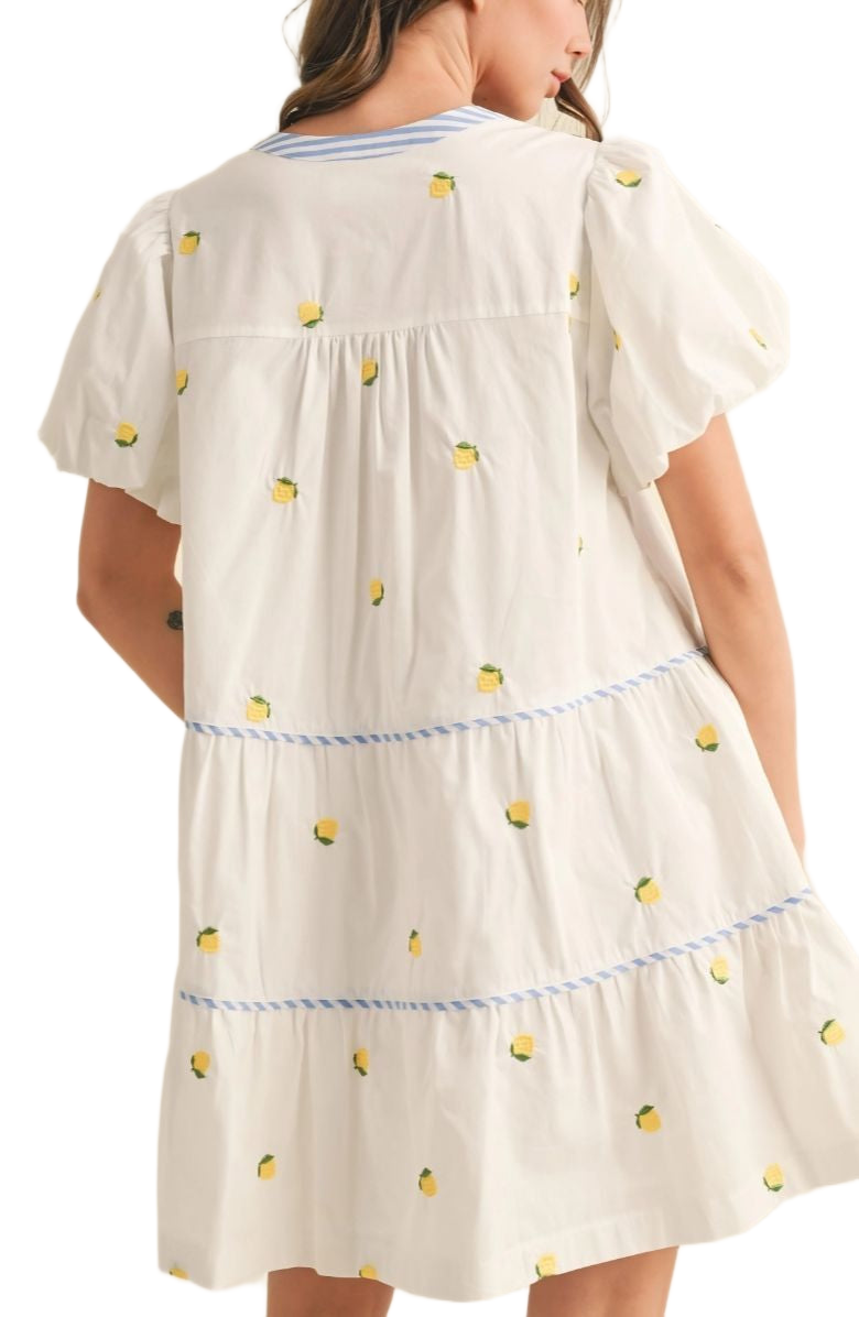 Lemon Embroidered Mini Dress Puff Sleeves Blue Tie Neck Tiered Silhouette