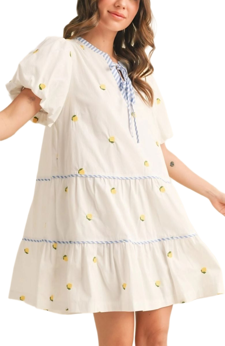 Lemon Embroidered Mini Dress Puff Sleeves Blue Tie Neck Tiered Silhouette