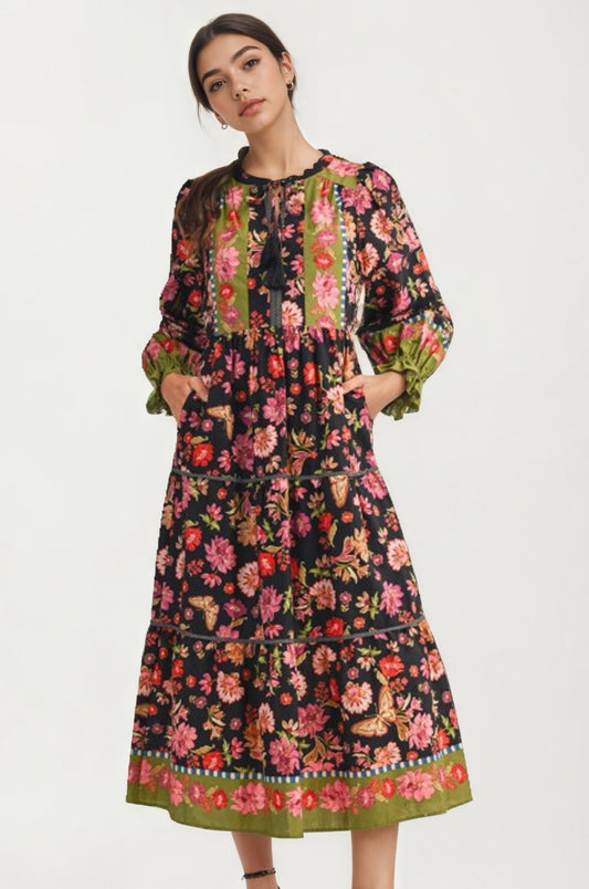 Smocked Long Sleeve Floral Midi Dress With Tiered Skirt