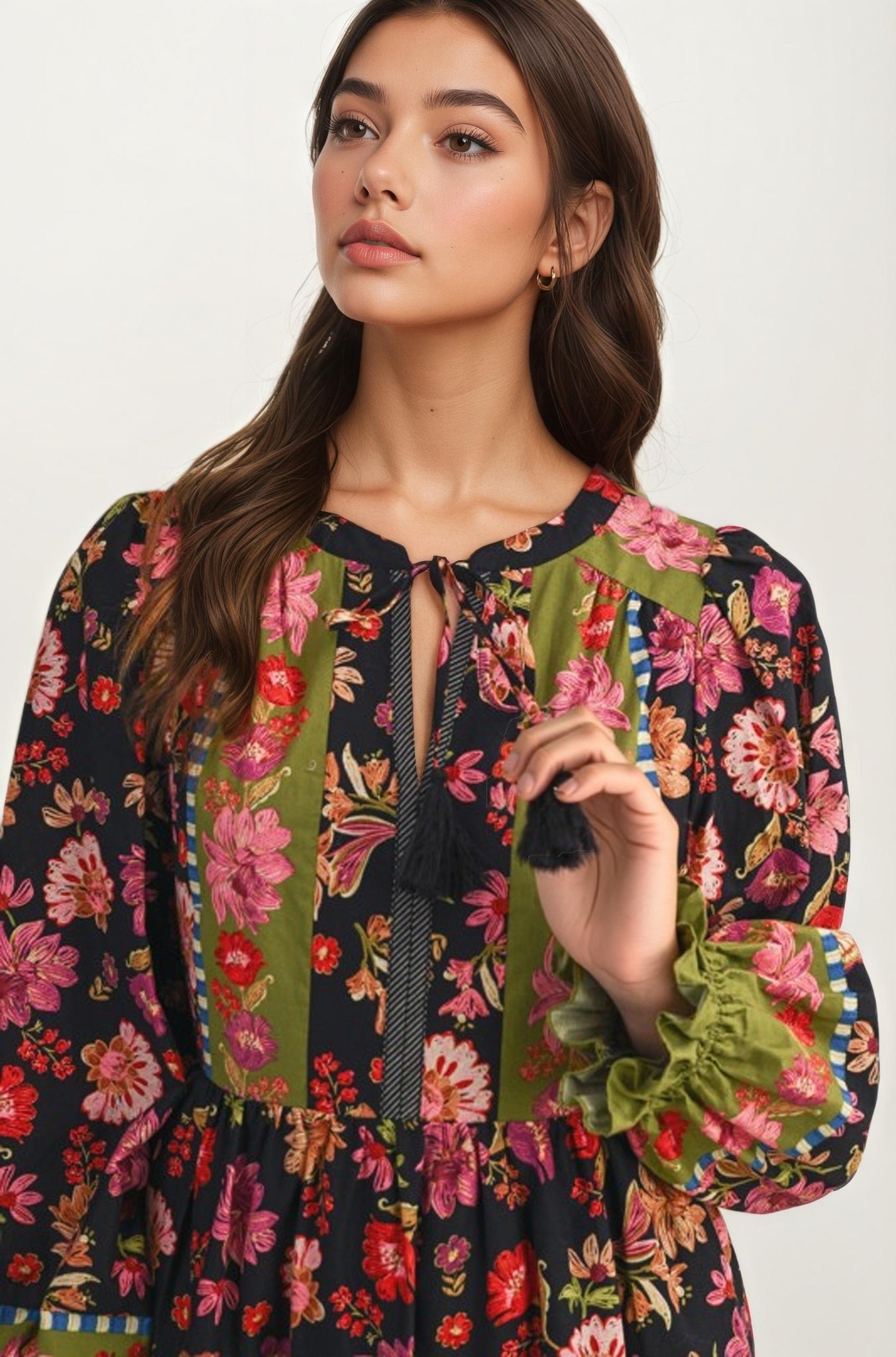 Smocked Long Sleeve Floral Midi Dress With Tiered Skirt