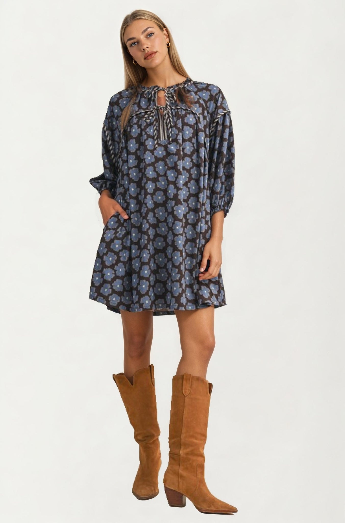 Blue Floral Tie Neck Mini Dress With Long Sleeves