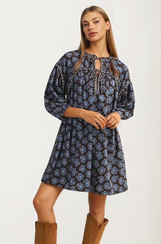 Blue Floral Tie Neck Mini Dress With Long Sleeves