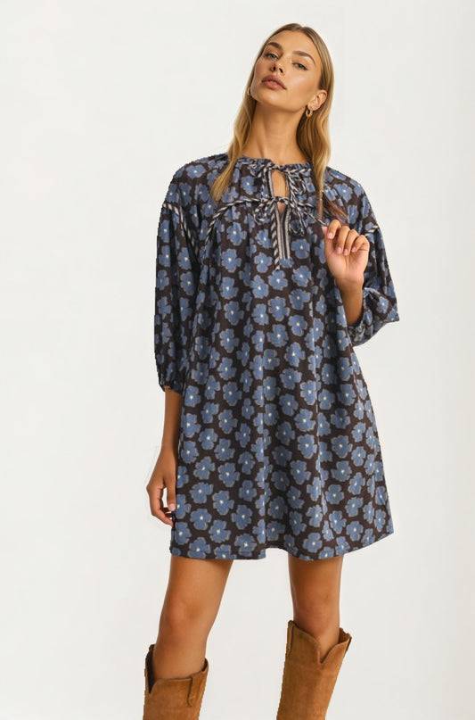 Blue Floral Tie Neck Mini Dress With Long Sleeves