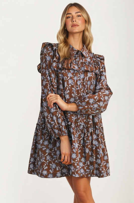 Floral Ruffle Tiered Mini Dress With Long Sleeves