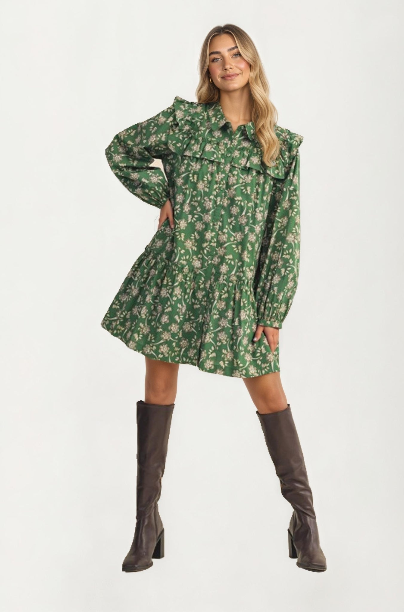 Floral Ruffle Tiered Mini Dress With Long Sleeves