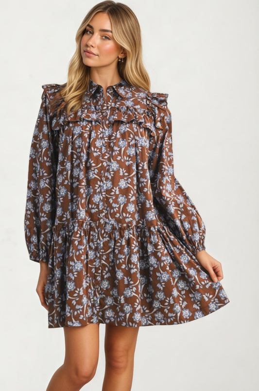 Floral Ruffle Tiered Mini Dress With Long Sleeves