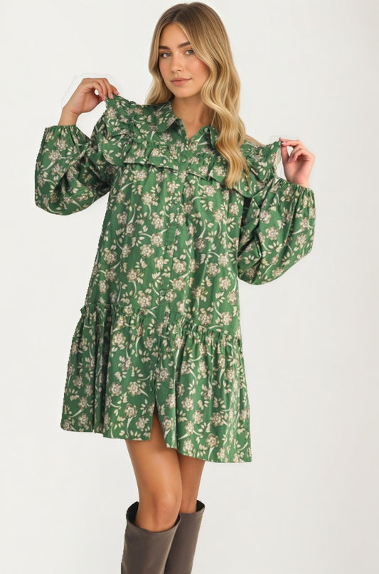 Floral Ruffle Tiered Mini Dress With Long Sleeves