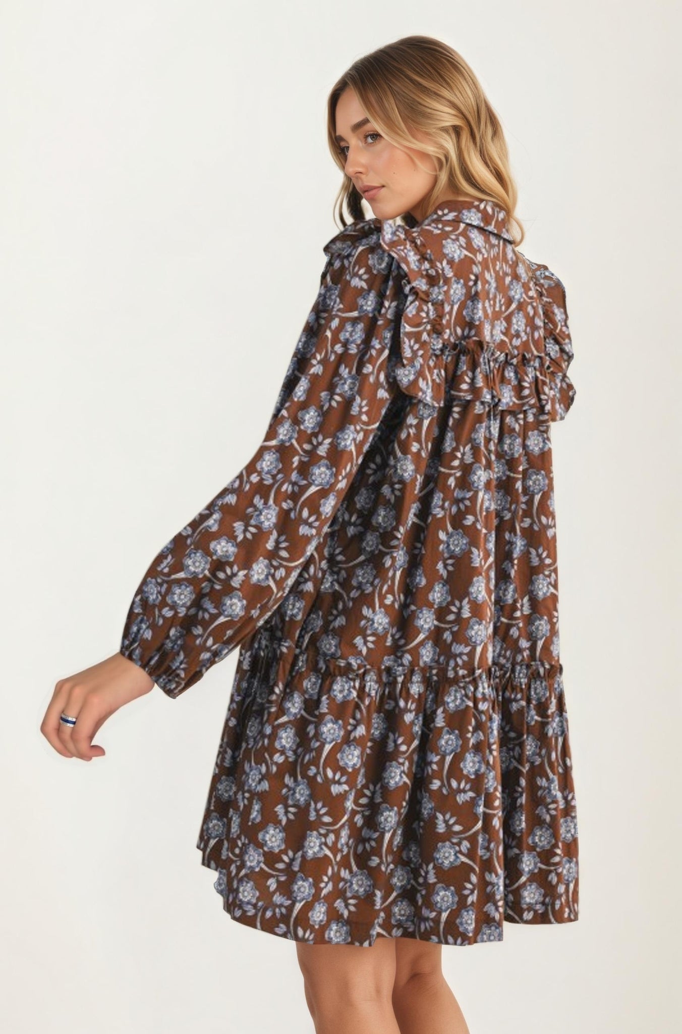 Floral Ruffle Tiered Mini Dress With Long Sleeves