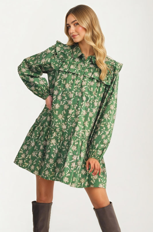 Floral Ruffle Tiered Mini Dress With Long Sleeves