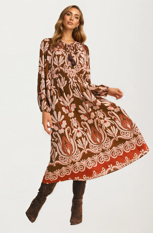 Long Sleeve Midi Dress with Tie Neck and Flowing Silhouette