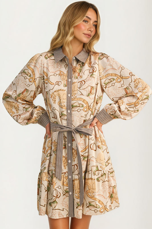 Long Sleeve Printed Shirt Dress with Belt and Button Front