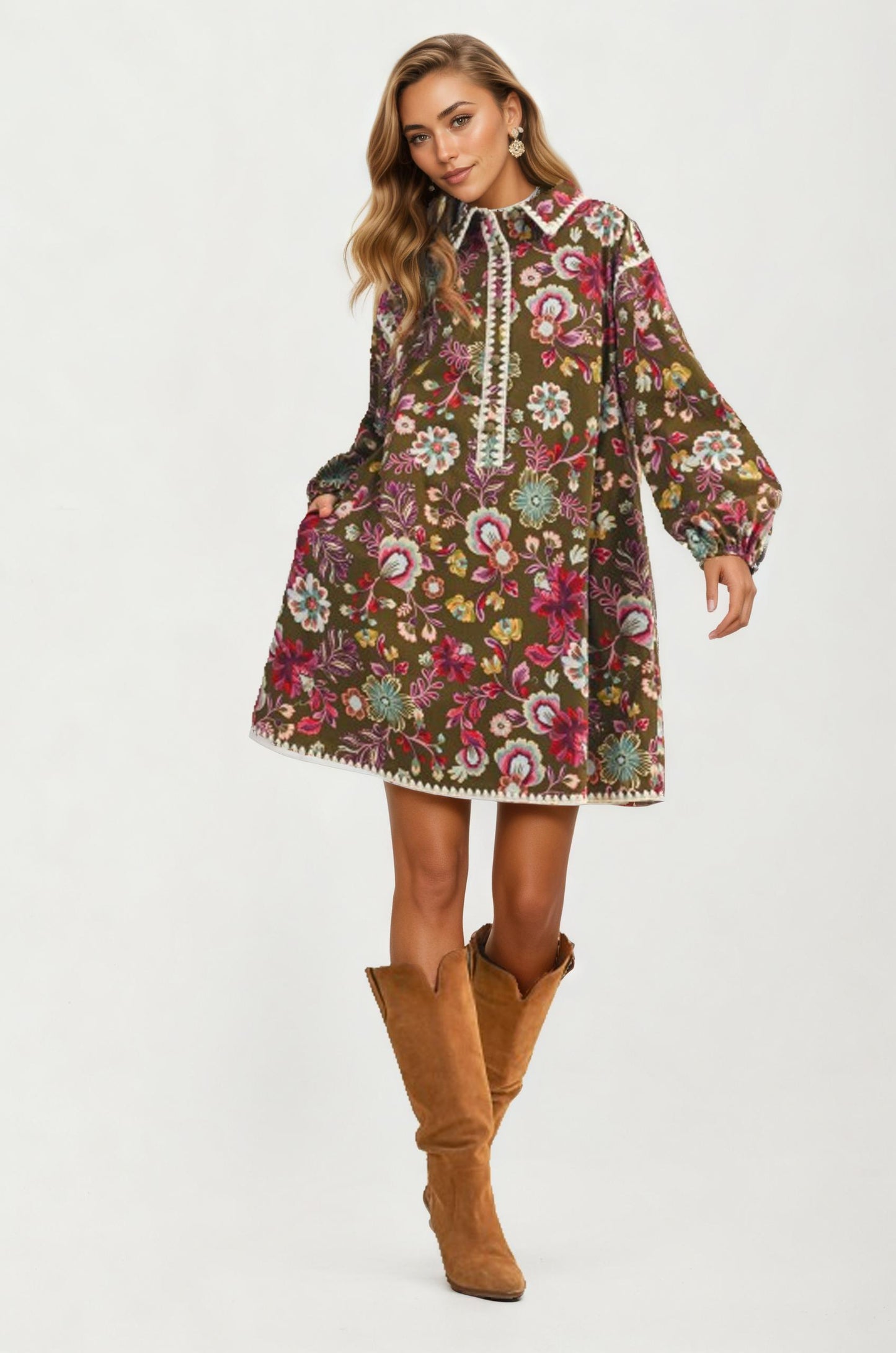 Floral Embroidered Long Sleeve Mini Dress With Trim