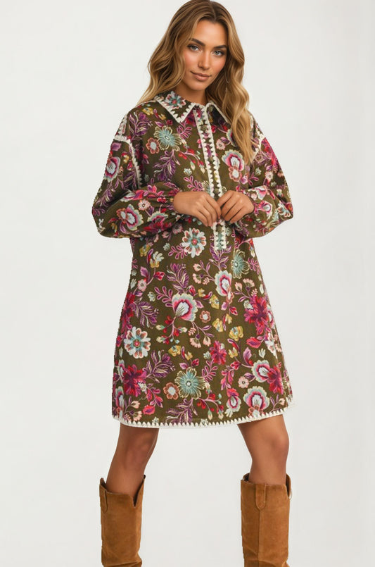 Floral Embroidered Long Sleeve Mini Dress With Trim