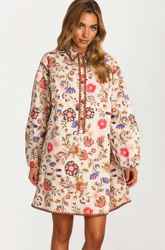 Floral Embroidered Long Sleeve Mini Dress With Trim