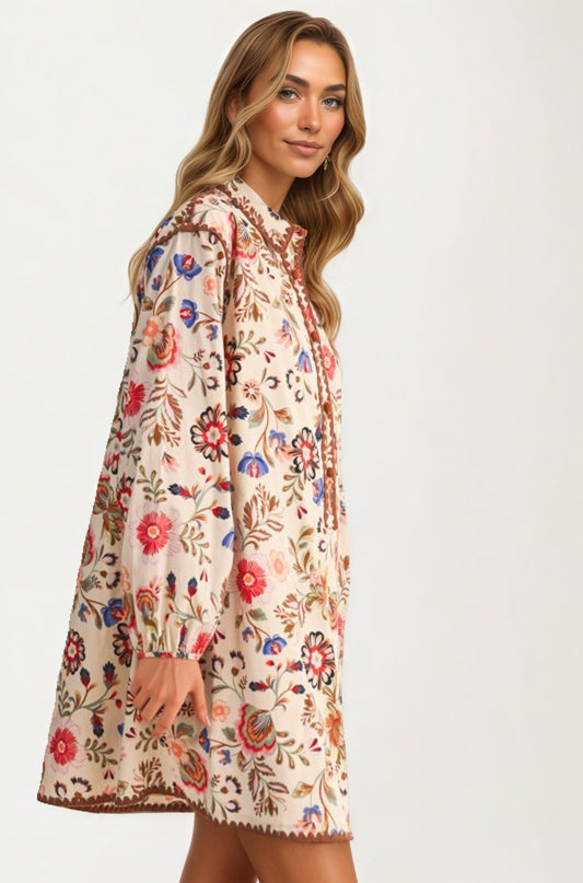Floral Embroidered Long Sleeve Mini Dress With Trim
