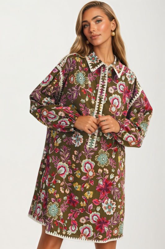 Floral Embroidered Long Sleeve Mini Dress With Trim