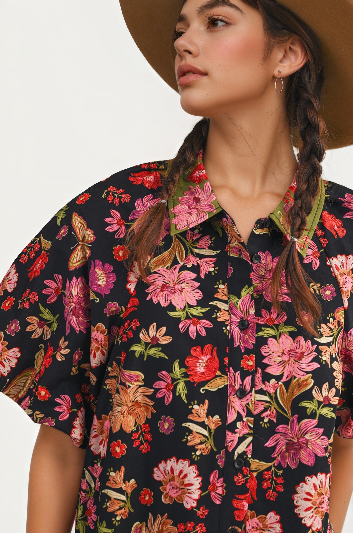 Button Front Shirt Dress with Bold Floral Print
