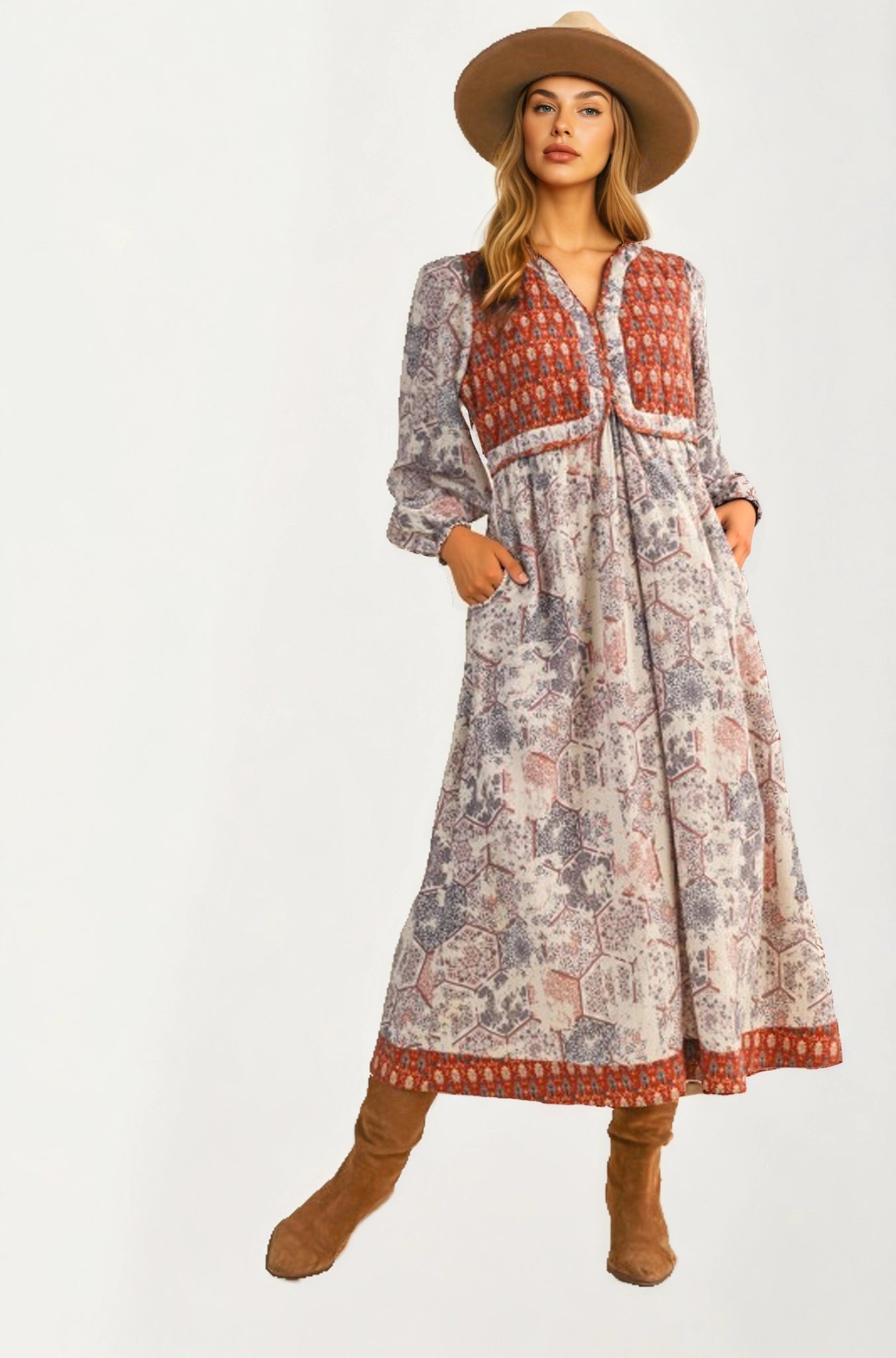 Long Sleeve Maxi Dress with Patchwork Print and Relaxed Fit