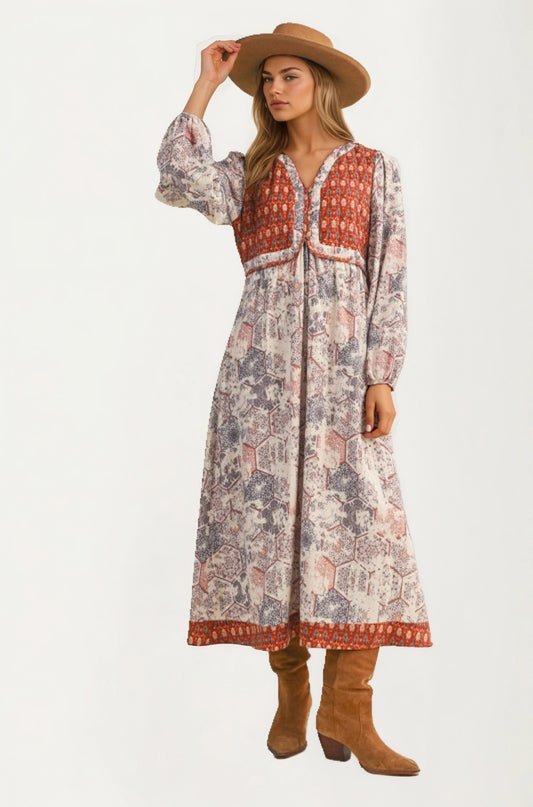 Long Sleeve Maxi Dress with Patchwork Print and Relaxed Fit
