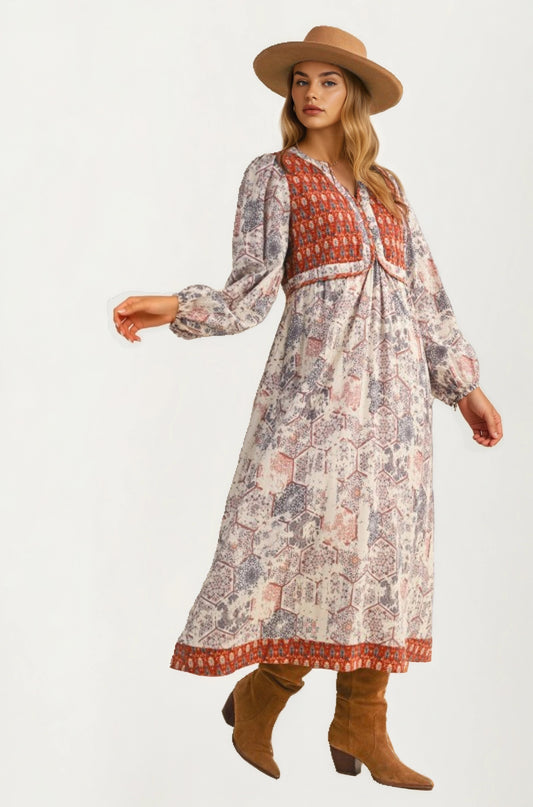 Long Sleeve Maxi Dress with Patchwork Print and Relaxed Fit