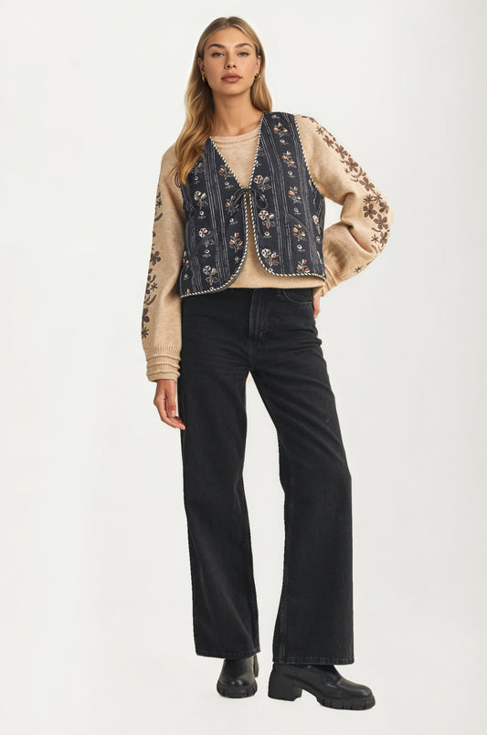 Embroidered Tie Front Vest with Floral Detailing