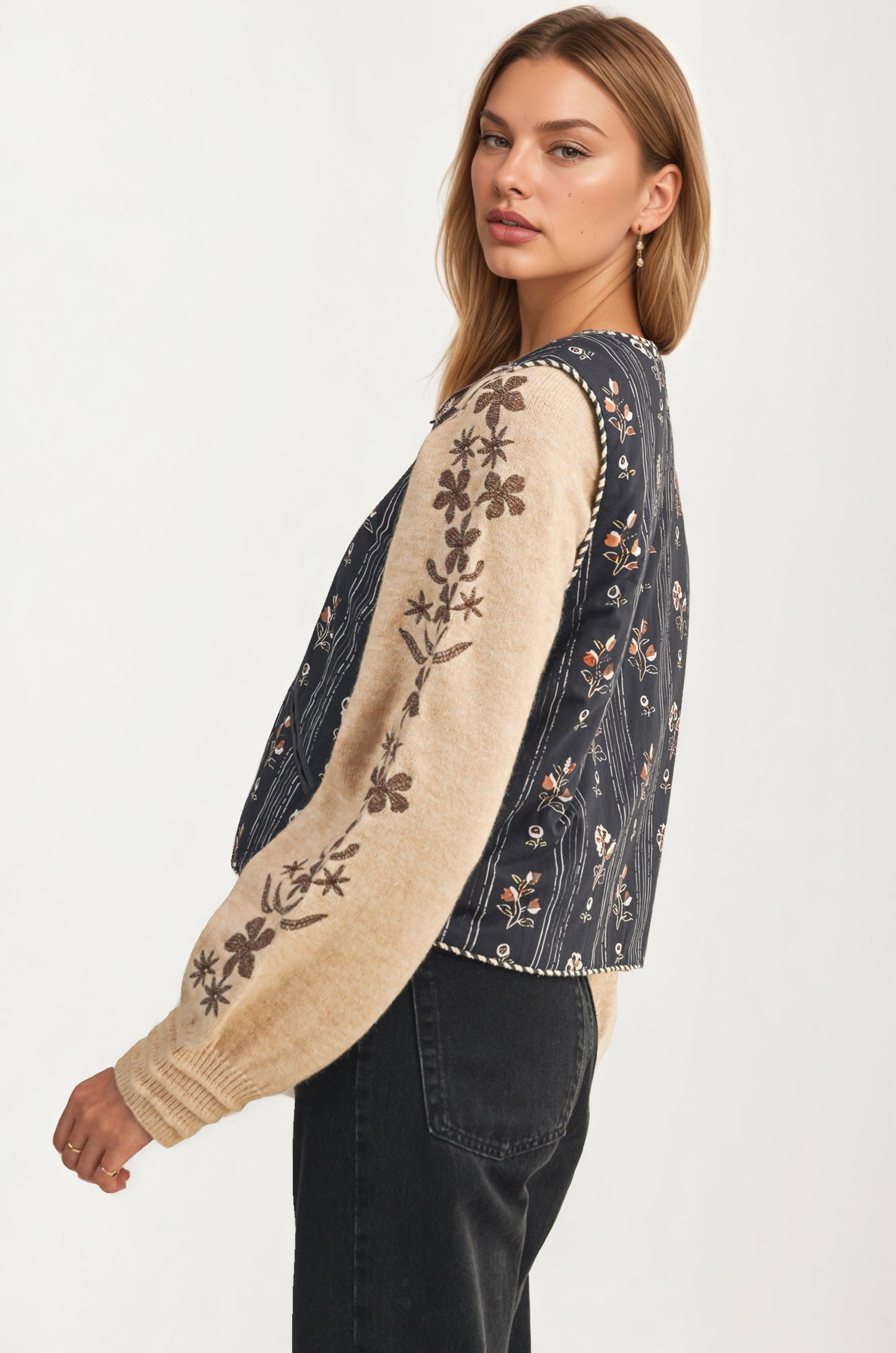Embroidered Tie Front Vest with Floral Detailing