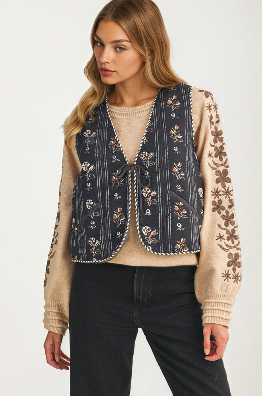 Embroidered Tie Front Vest with Floral Detailing
