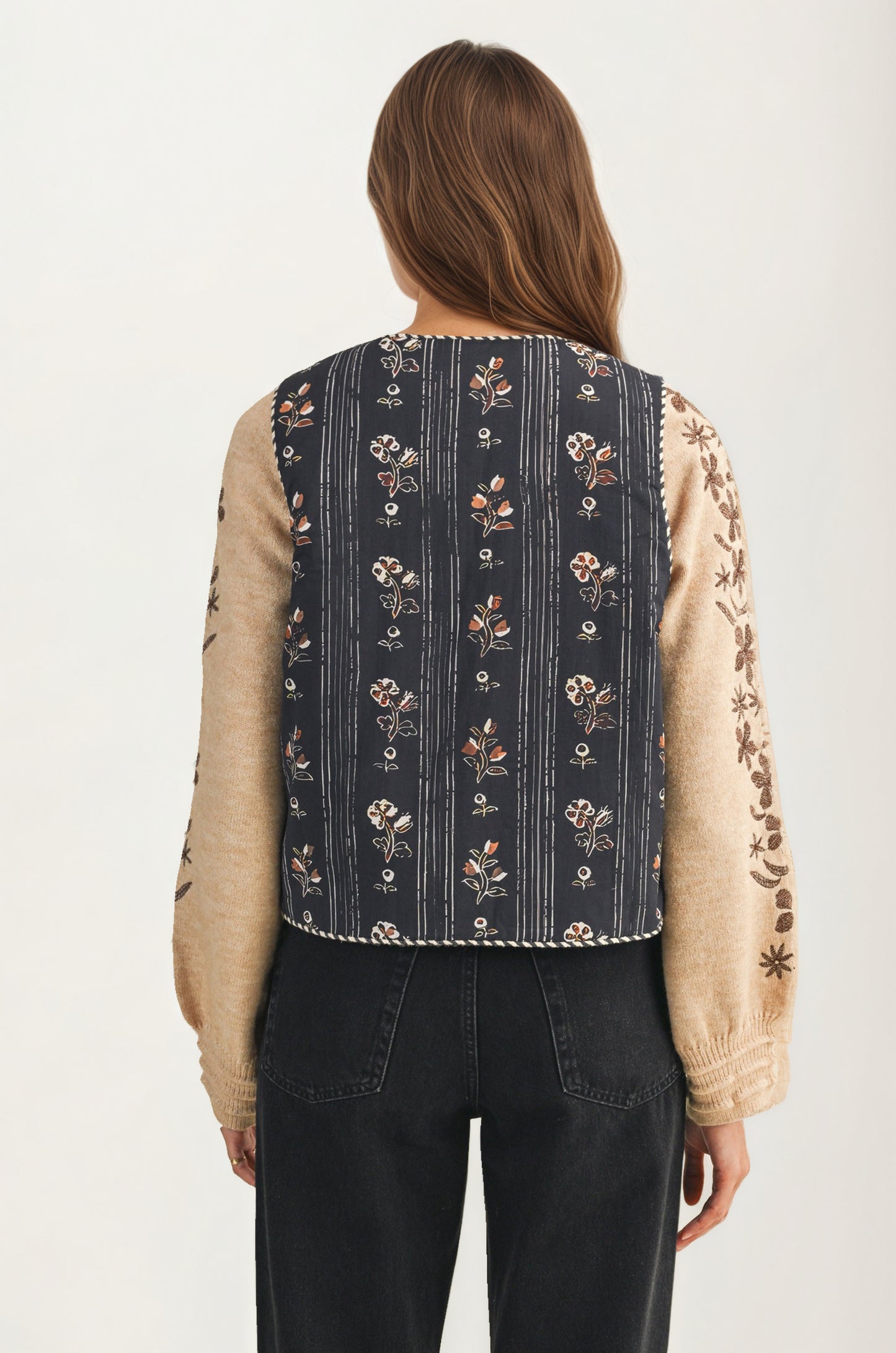 Embroidered Tie Front Vest with Floral Detailing