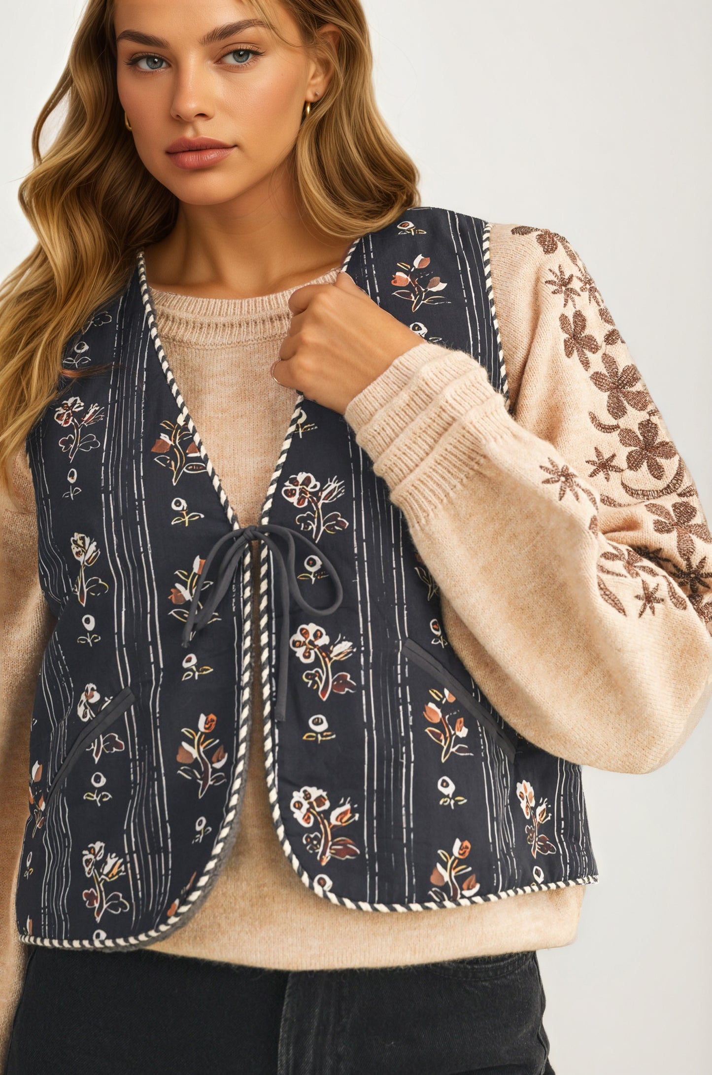Embroidered Tie Front Vest with Floral Detailing