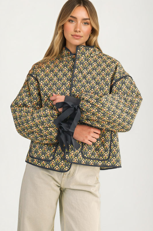 Floral Quilted Jacket with Ribbon Cuffs and Open Front