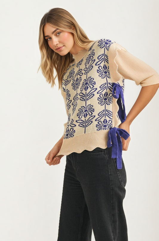 Floral Knit Sweater Vest With Side Ties And Scallop Trim