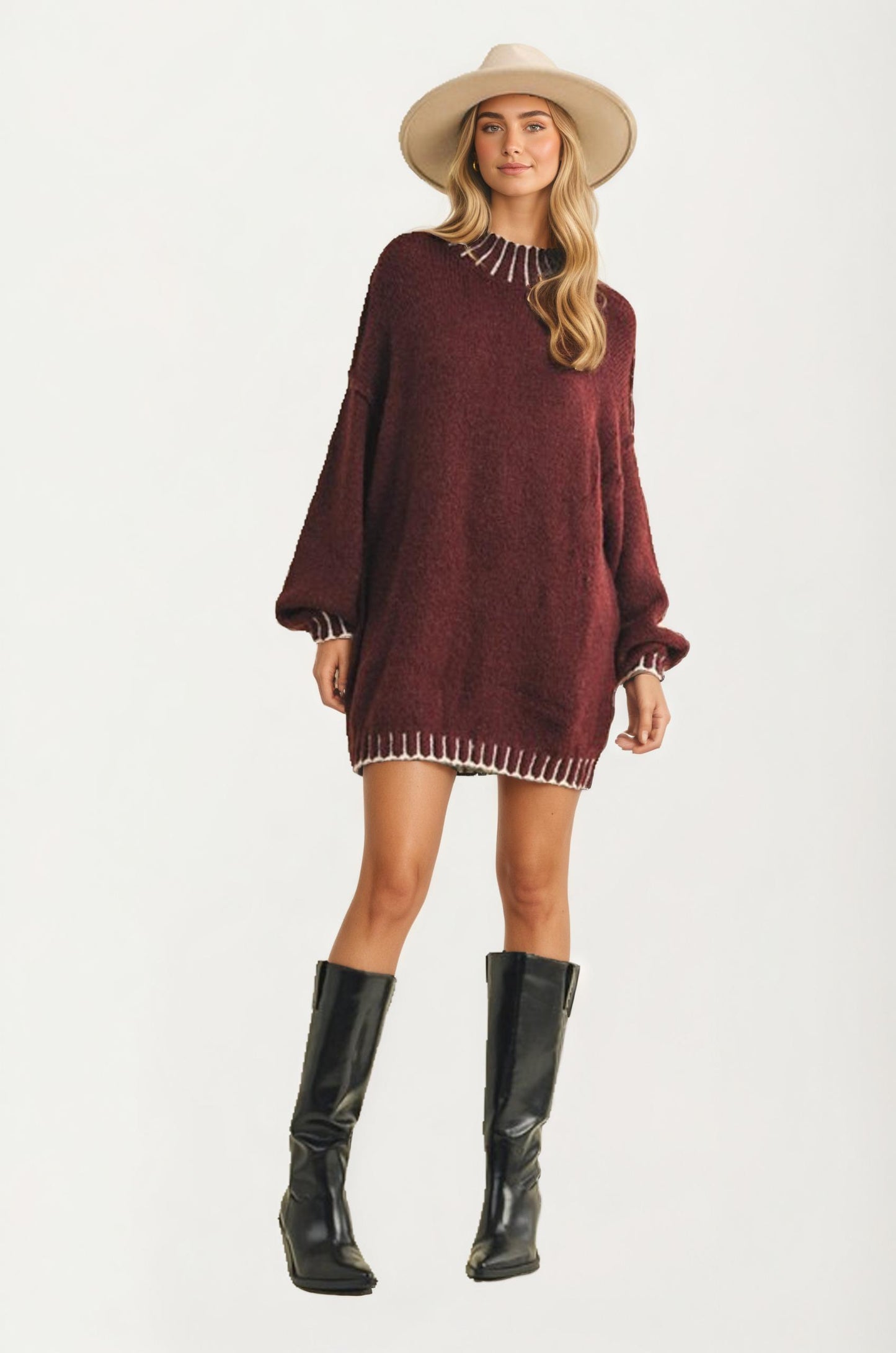 Oversized Maroon Knit Sweater With Contrast Trim
